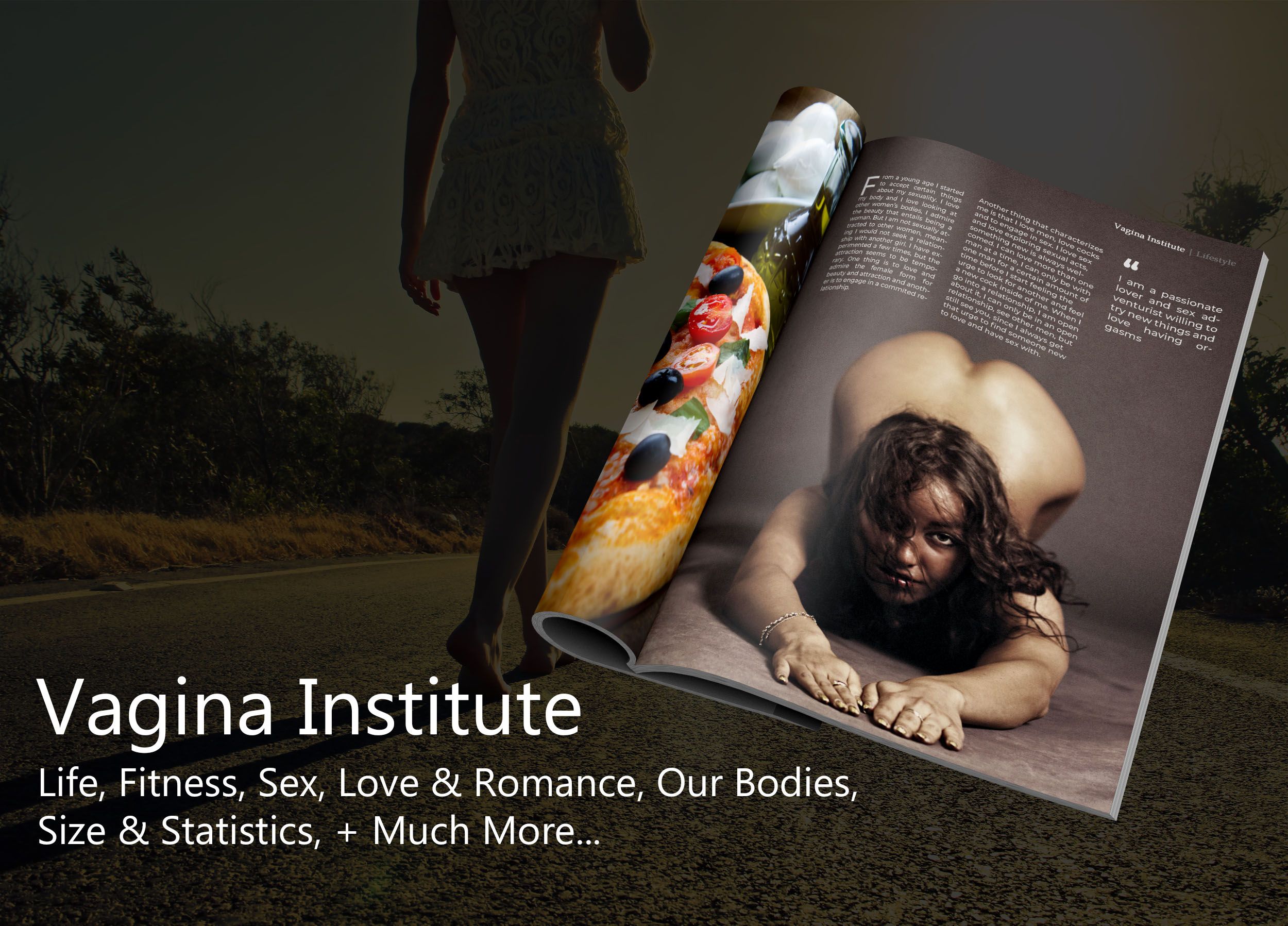 Full page ad of vagina institute magazine, woman walking on street